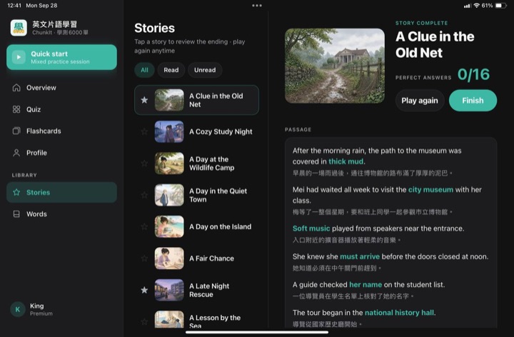 Attached screenshot of the Stories screen